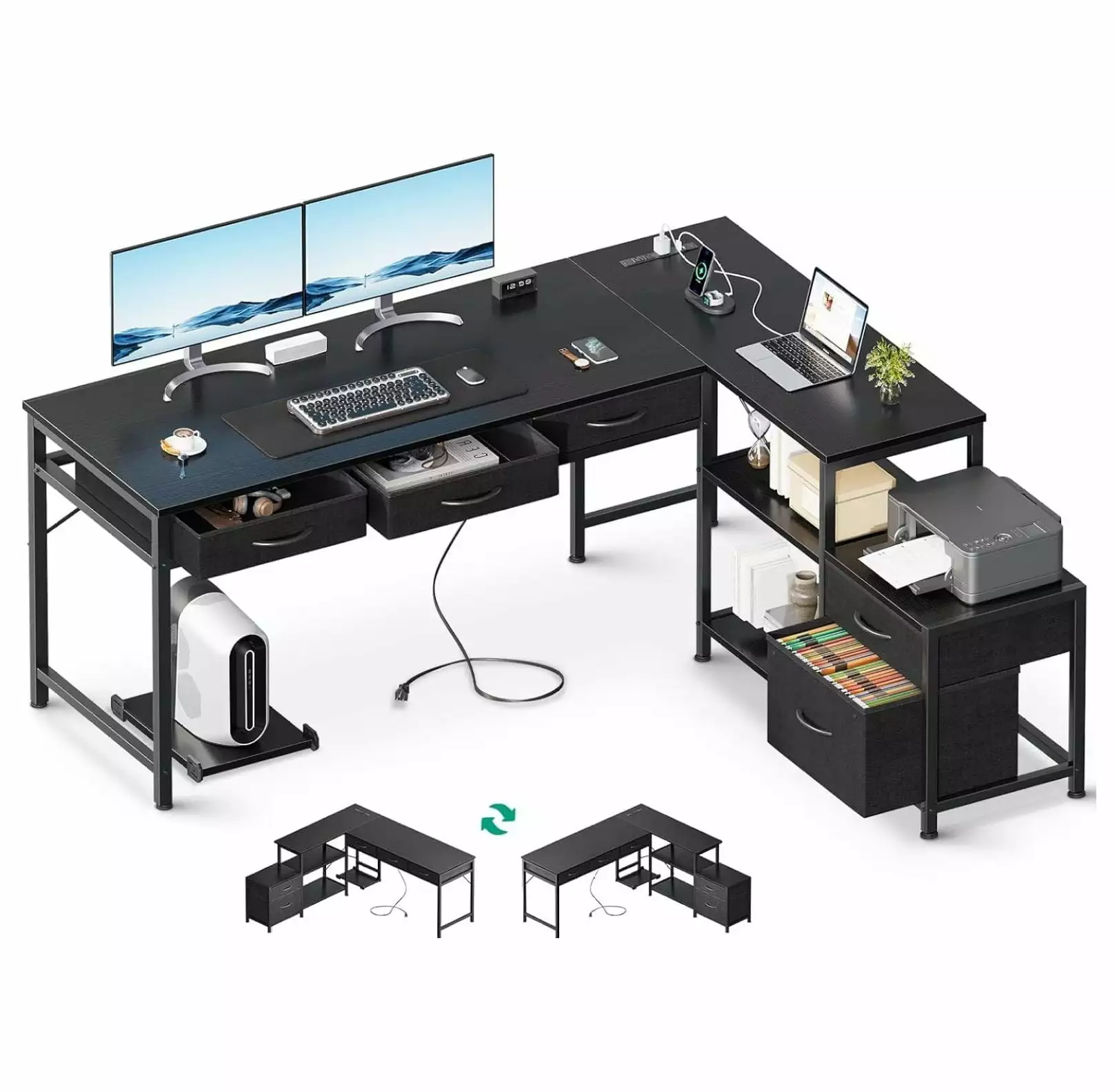 KriKac L Shaped Computer Desk Fabric Drawers and File Cabinet 61 Reversible Home Office Workstation Desk Black