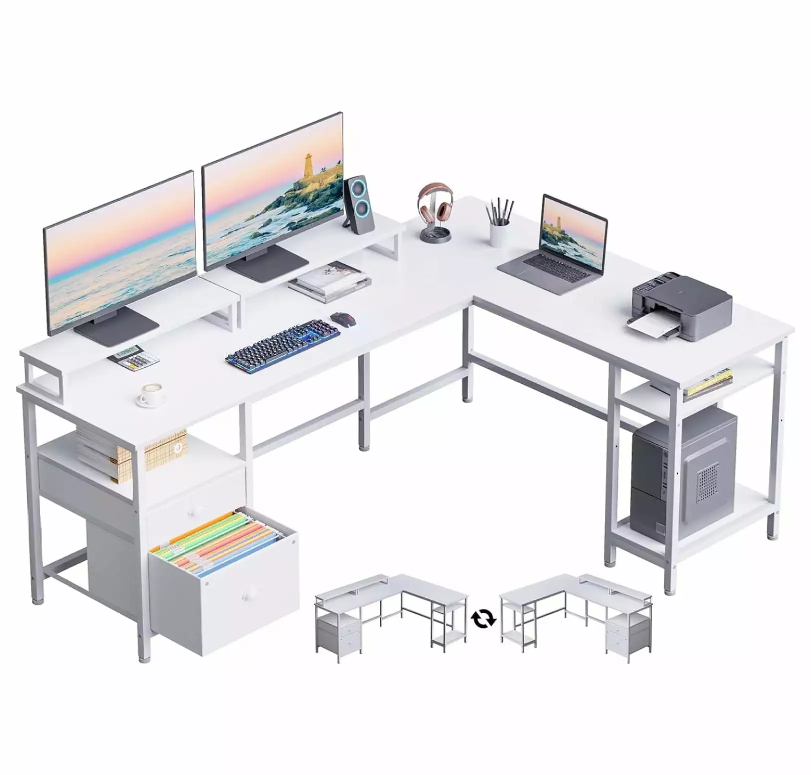 Lachk White 66 L Shaped Desk Shelves and File Drawer - Reversible Corner Computer Desk Dual Monitor Stand Home Office