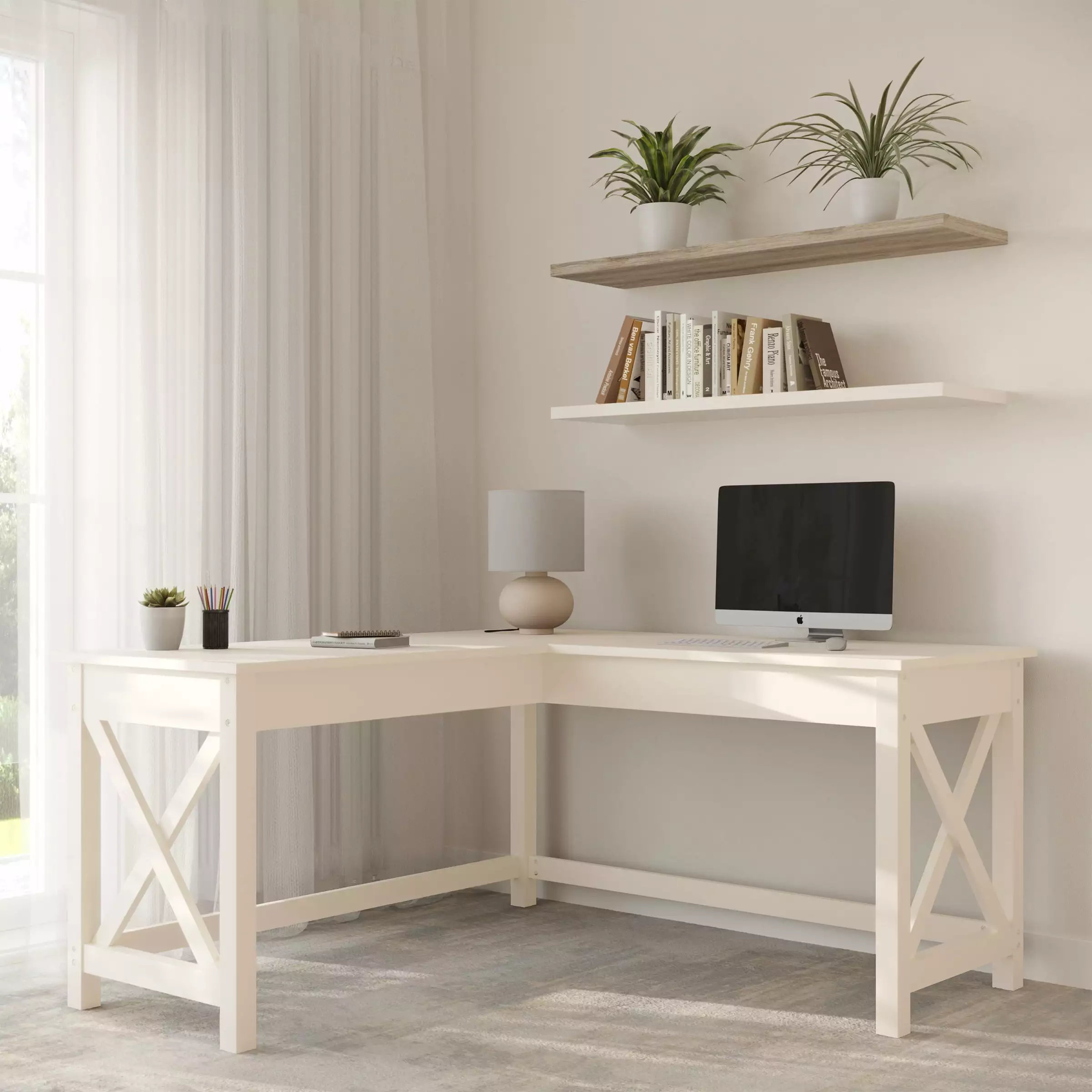 Lavish Home L-Shaped Computer Desk White X-Pattern Legs