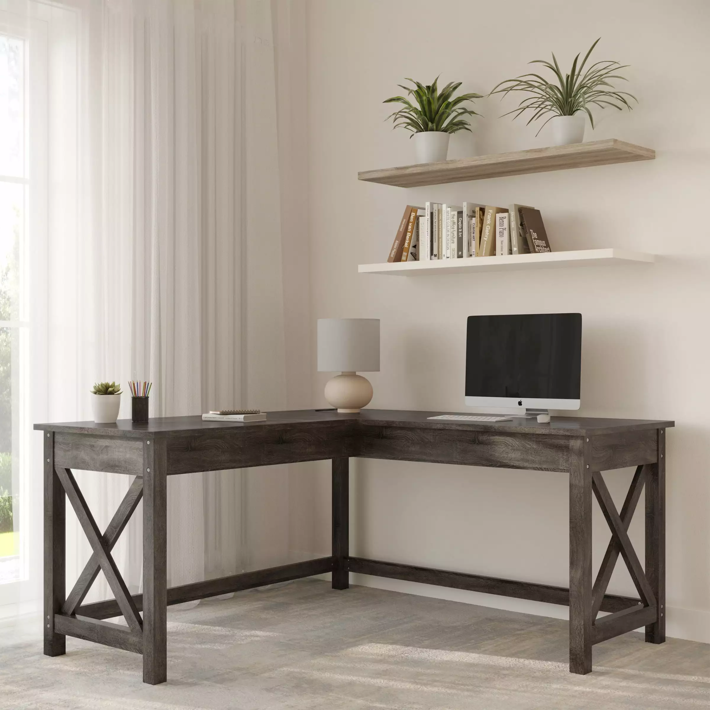 Lavish Home L-Shaped Computer Desk X-Pattern Legs Dark Gray Finish