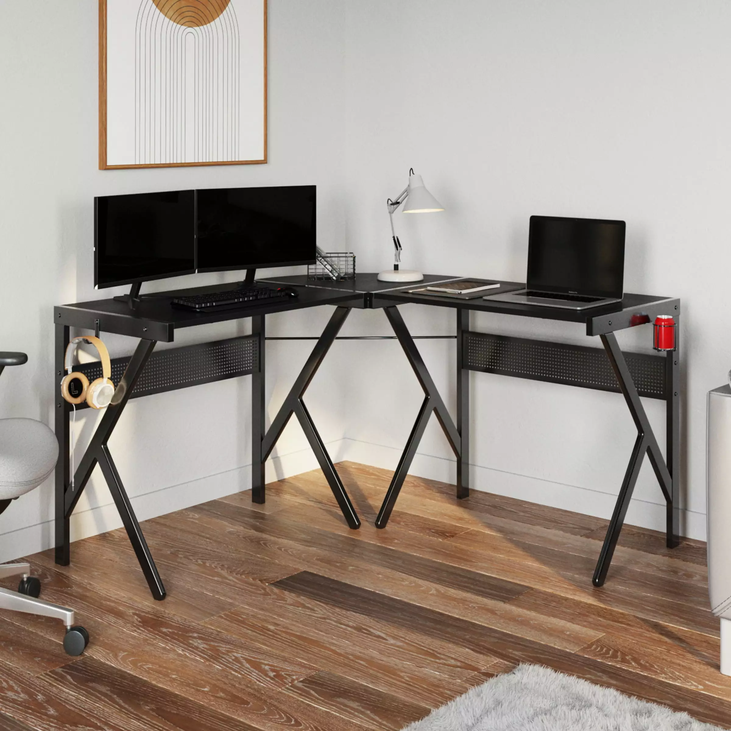 Lavish Home L Shaped Computer Desk Headphone and Cup Holder Modern Style Black