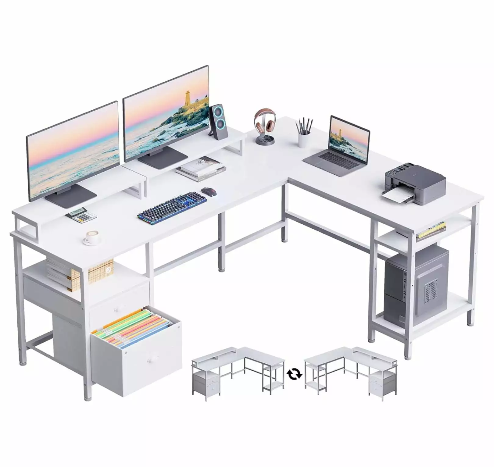 White 66 L Shaped Desk Shelves and File Drawer - Reversible Corner Computer Desk Dual Monitor Stand Home Office LfucQd