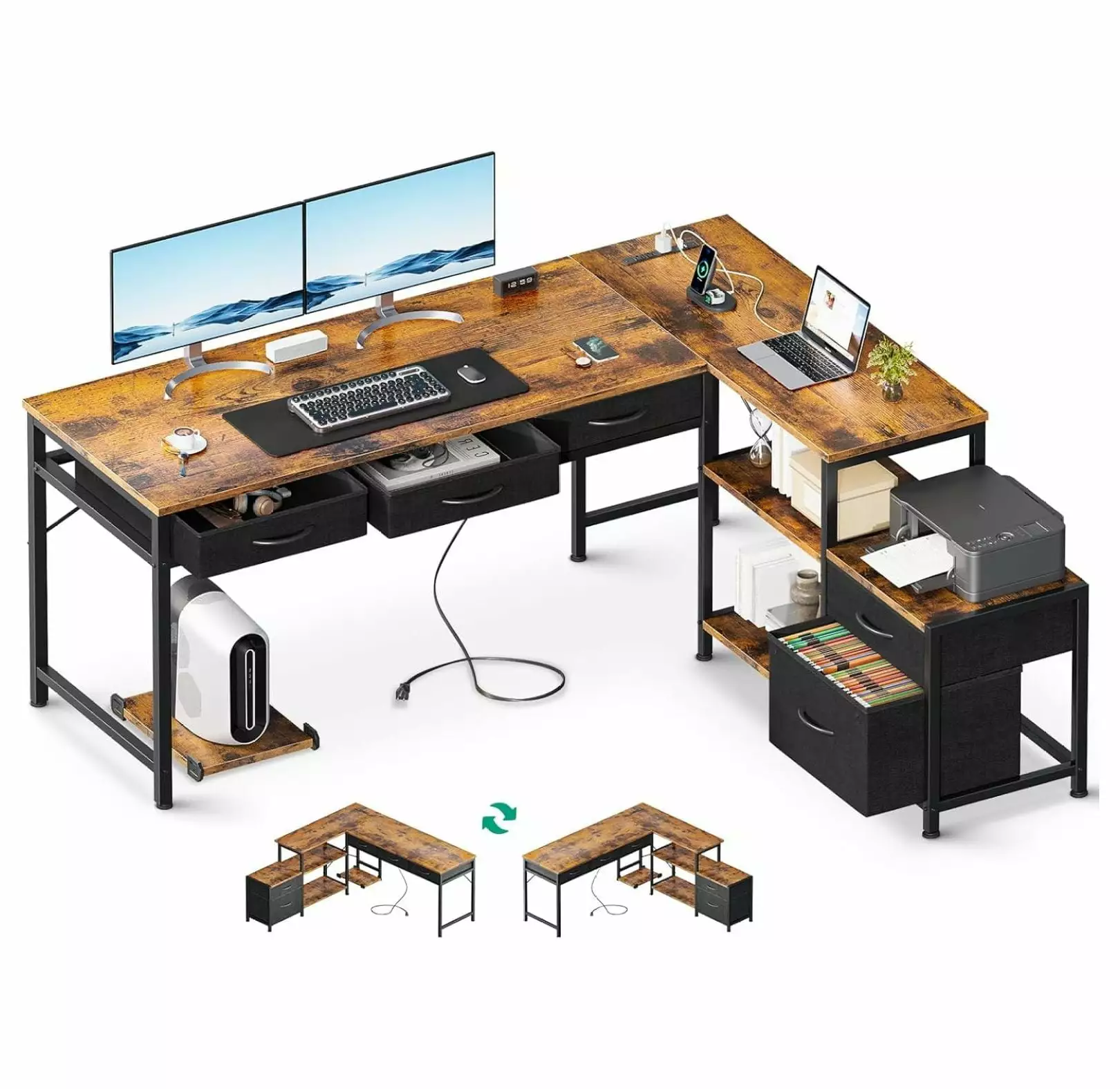 LirtedAura L Shaped Computer Desk Fabric Drawers File Cabinet Power Outlets