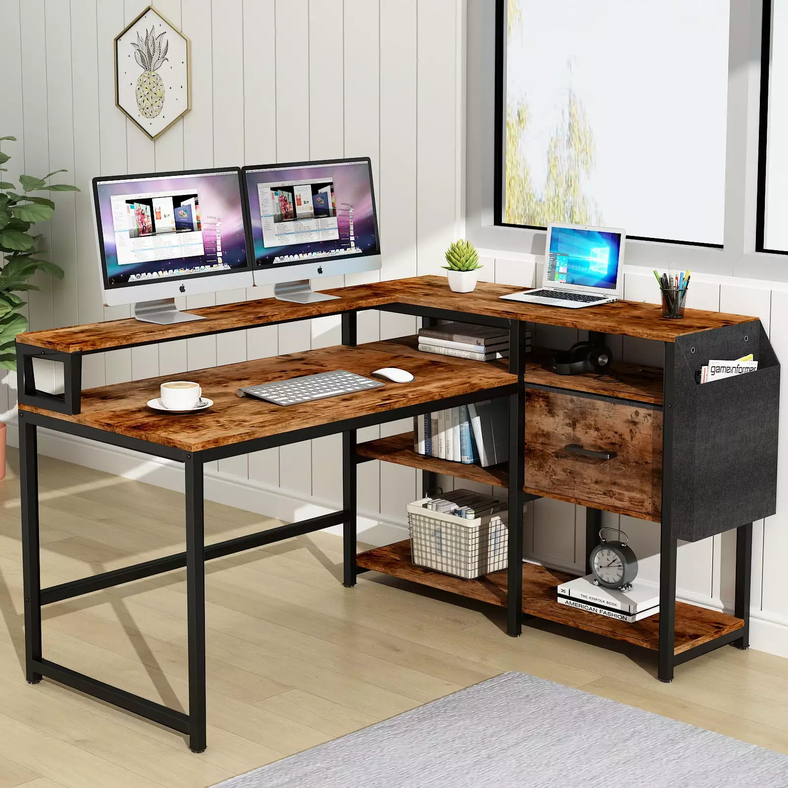 Loomie L Shaped Desk Drawer 55W x 41D Industrial Corner Computer Desk 4 Tier Storage Shelves