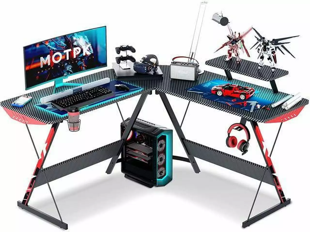 L Shaped Gaming Desk Carbon Fiber Surface & Monitor Shelf - 51 Inch Black Meihao
