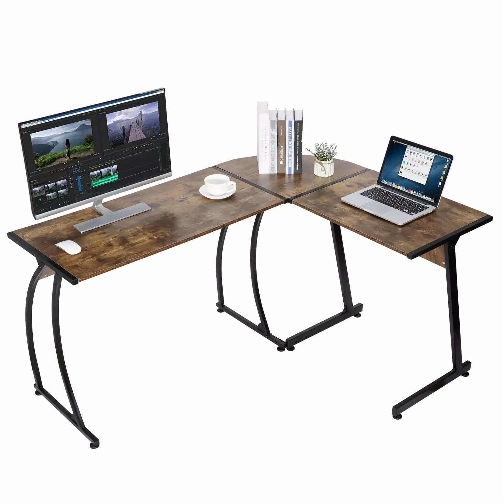 L Shaped Brown Desk Corner Computer Gaming Laptop Table Workstation Bedroom N/A