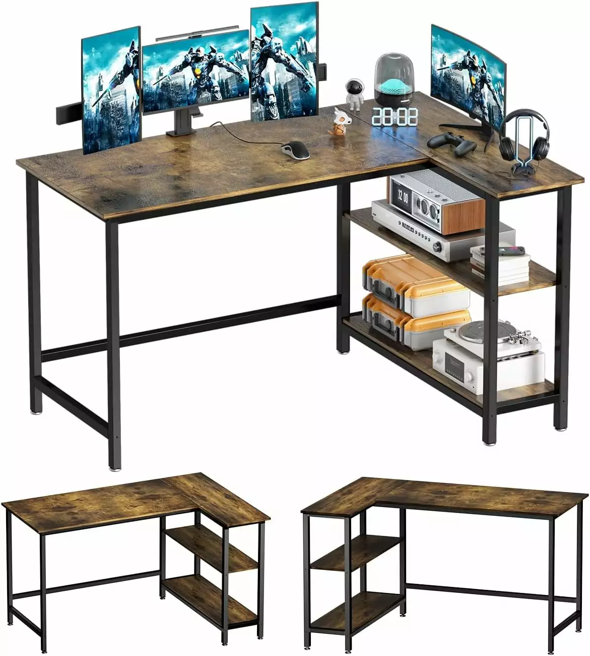 39 Inch L Shaped Computer Desk Shelf Home Office and Gaming - Rustic Brown Q&Q