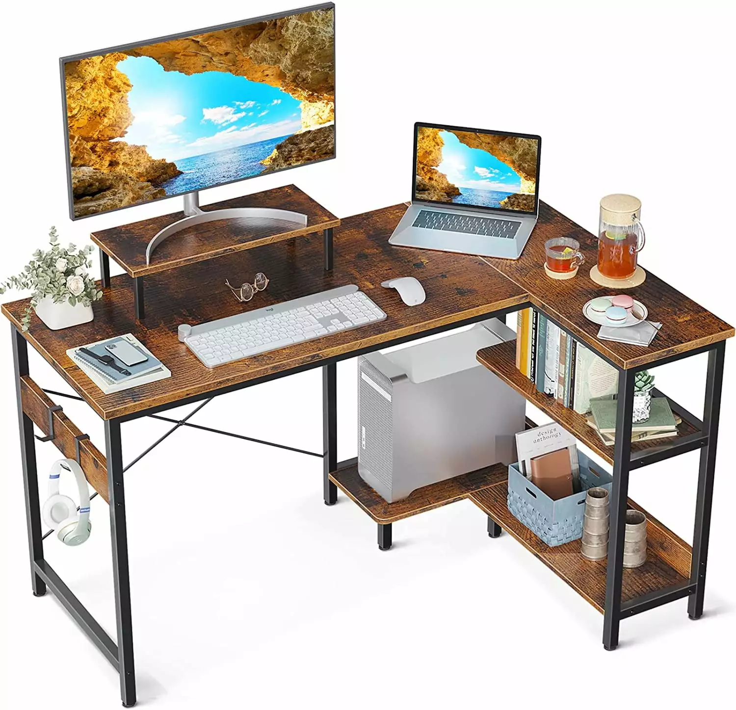 40 Inch Small L Shaped Computer Desk Reversible Storage Shelves Rustic Brown QRZJ