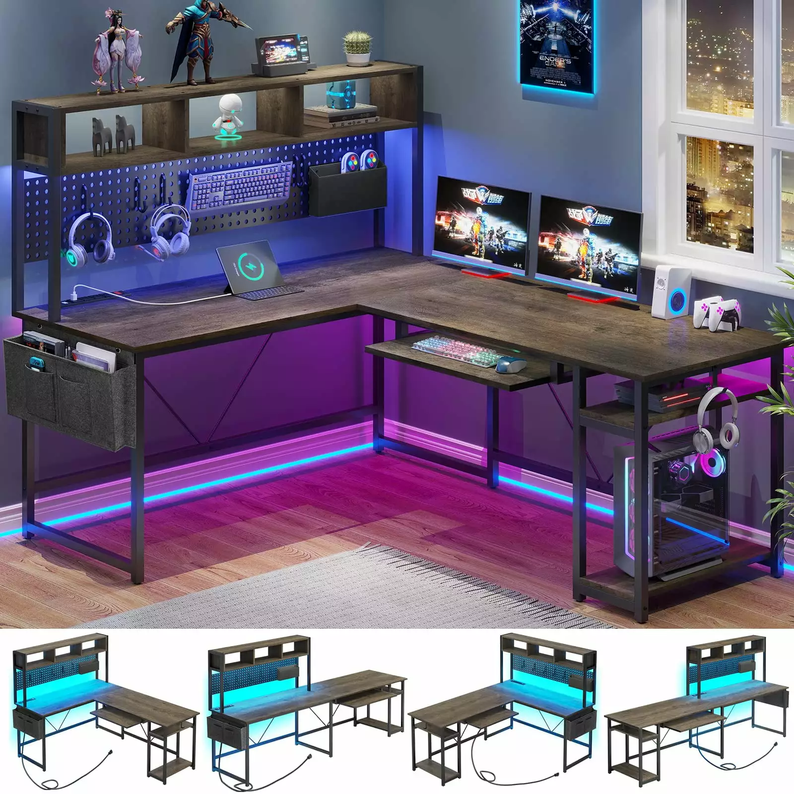 Afuhokles L Shaped Gaming Desk LED Light. Reversible 94.5 Office Desk Power Outlet and Pegboard. Keyboard Tray and Storage...