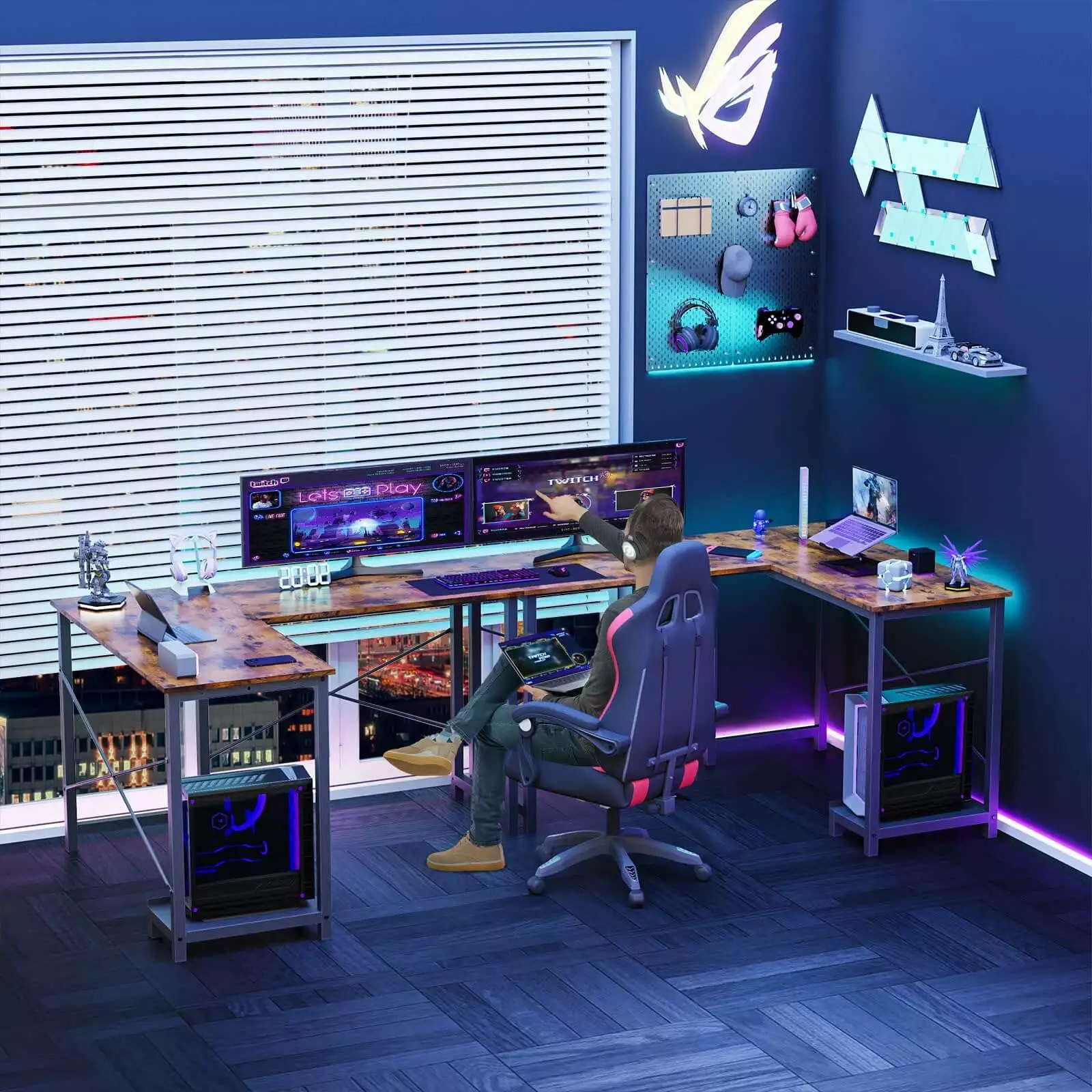 L Shaped Gaming Desk Brown Iron Corner Computer Table Home Office Study SMHZ