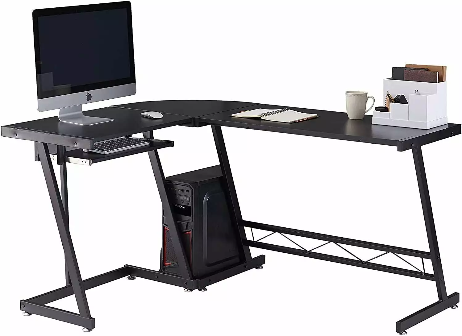 58 Inch L Shaped Corner Gaming Desk Reversible Design Keyboard Tray Extra Large Office Computer Table Black SSH