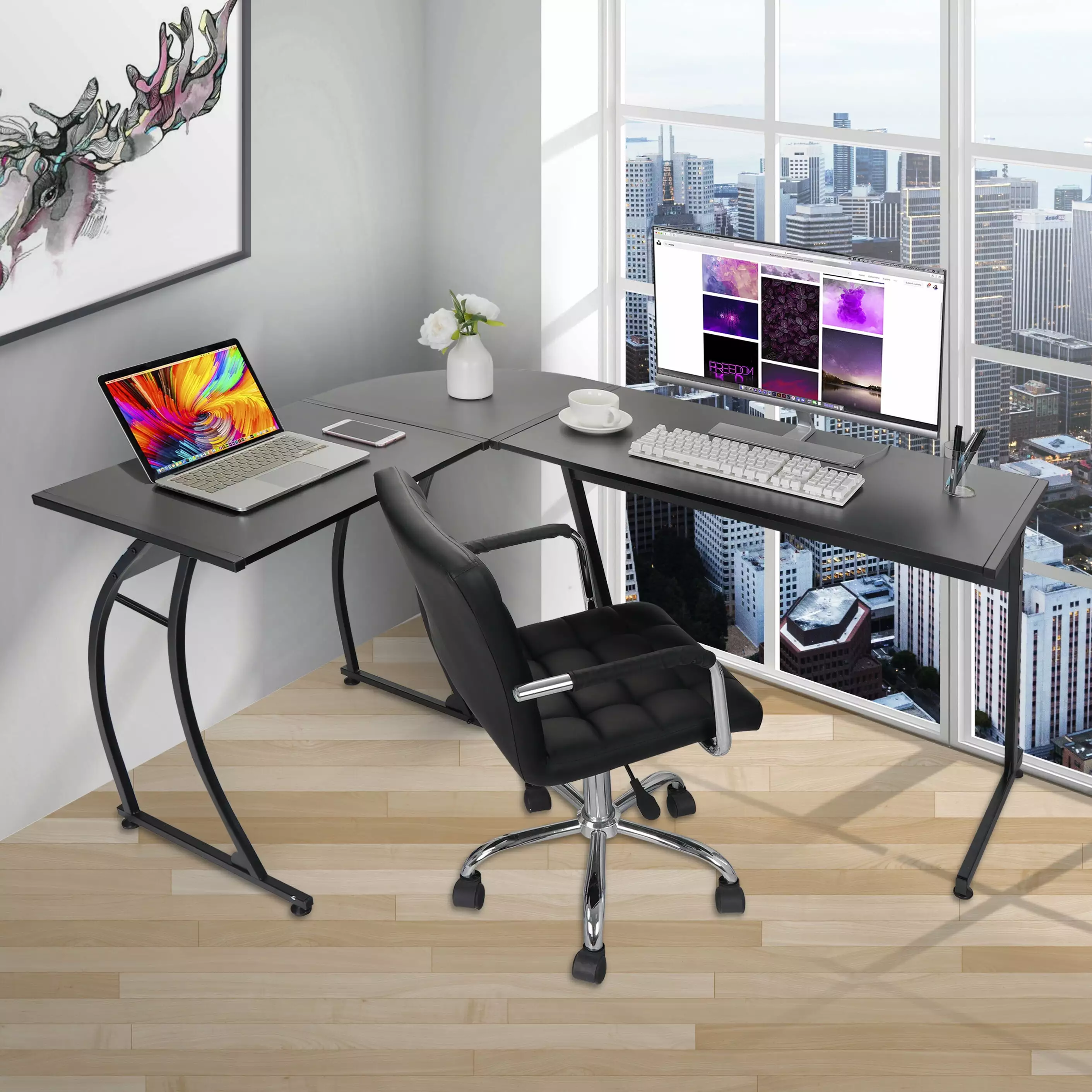 SuperDeal 58 L-Shaped Computer Desk Black Powder Coating Two-Way Setup Corner Table