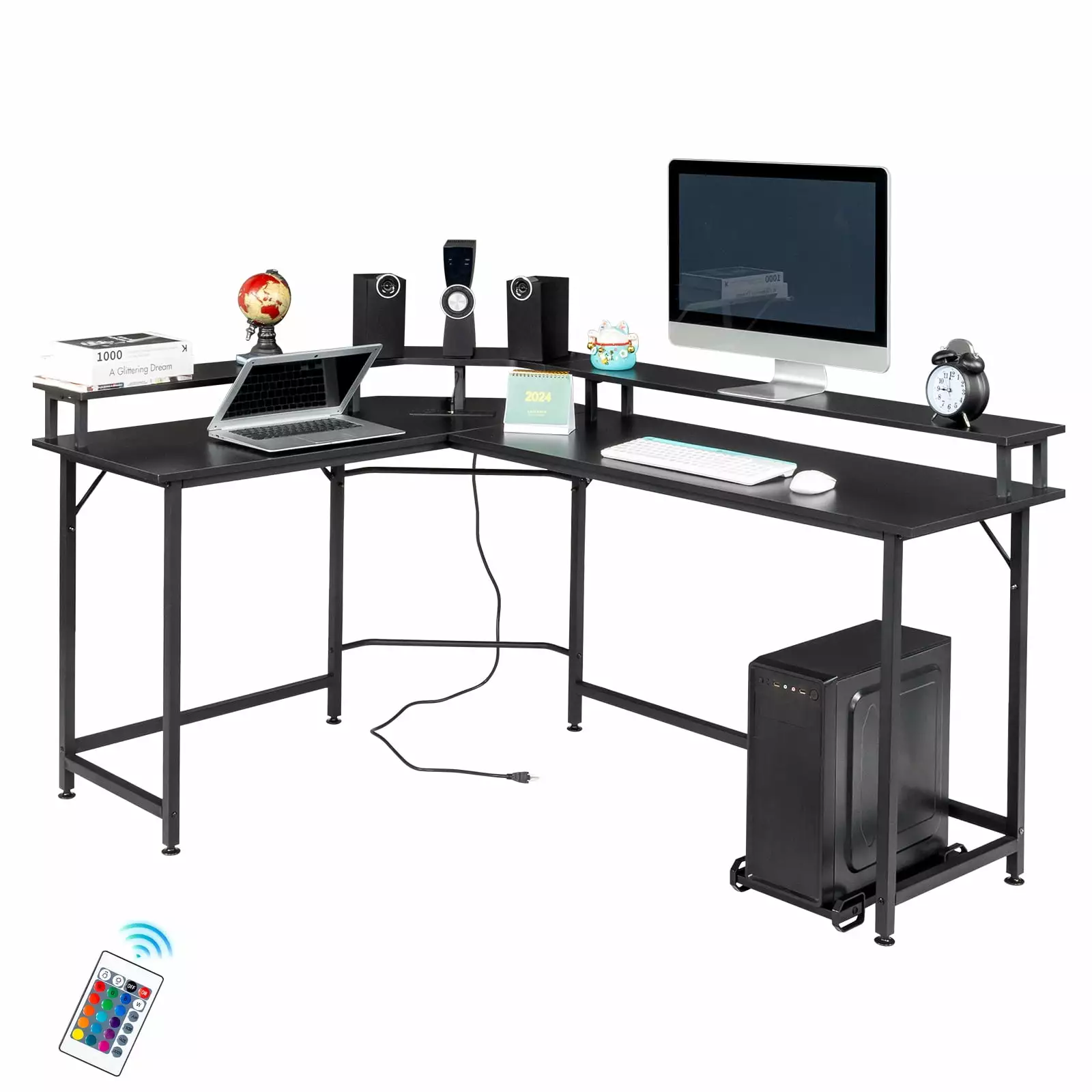 Tcbosik L-Shaped Computer Desk RGB Light USB Ports Gaming Table Home Office Black