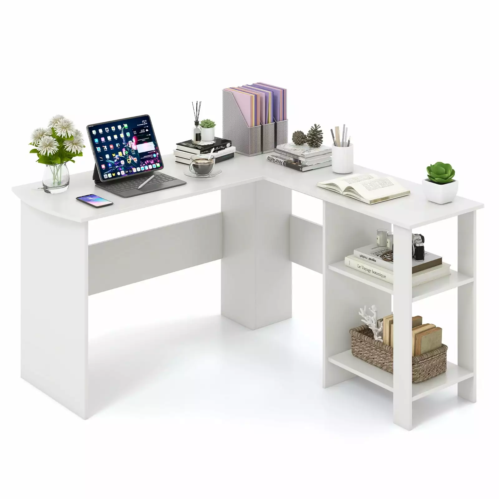Topbuy Large L-shaped Computer Desk 2 Cable Holes and Storage Shelves