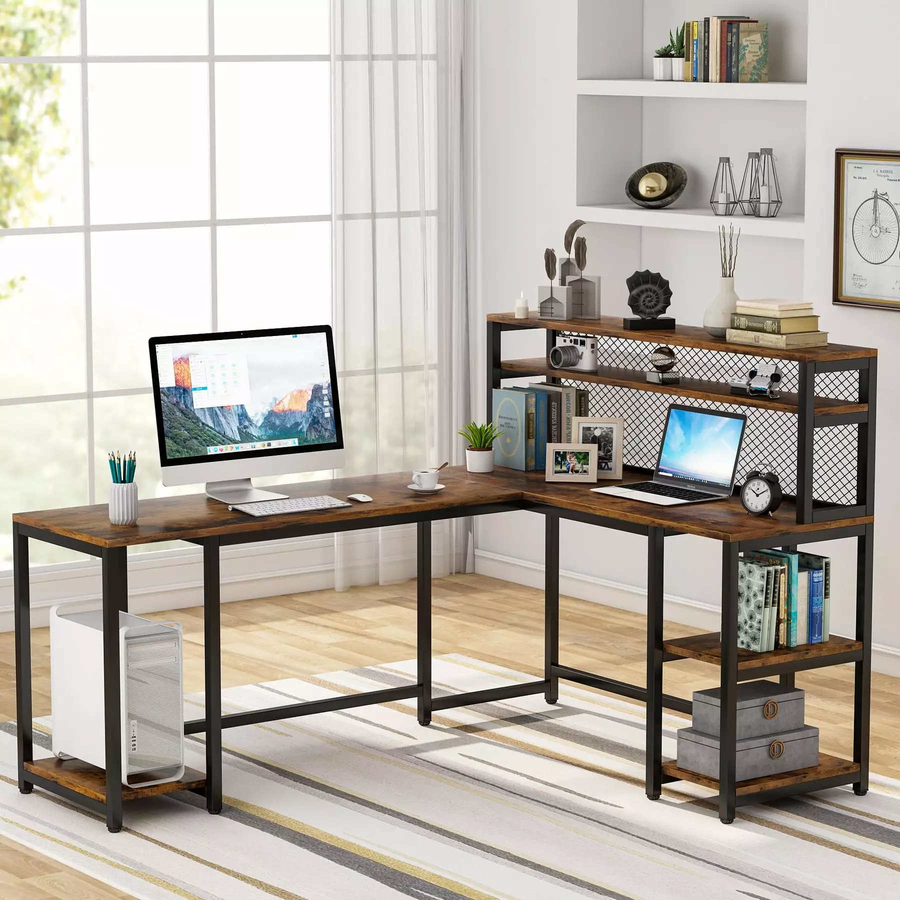 TribeSigns 67 inch L-Shaped Computer Desk Hutch and Bookshelf