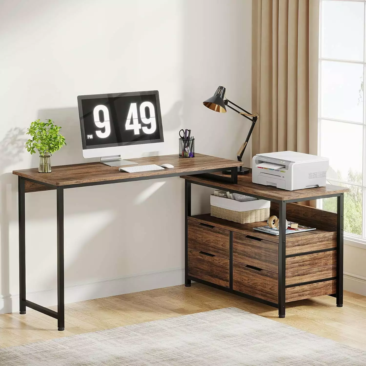 Tribesigns Reversible L-Shaped Desk Drawer Industrial Corner Desk Home Office Small Space