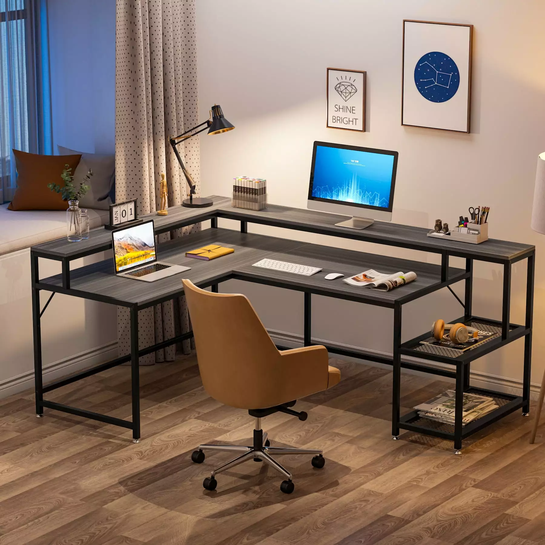 Tribesigns Reversible L Shaped Computer Desk Monitor Stand and Storage Shelf