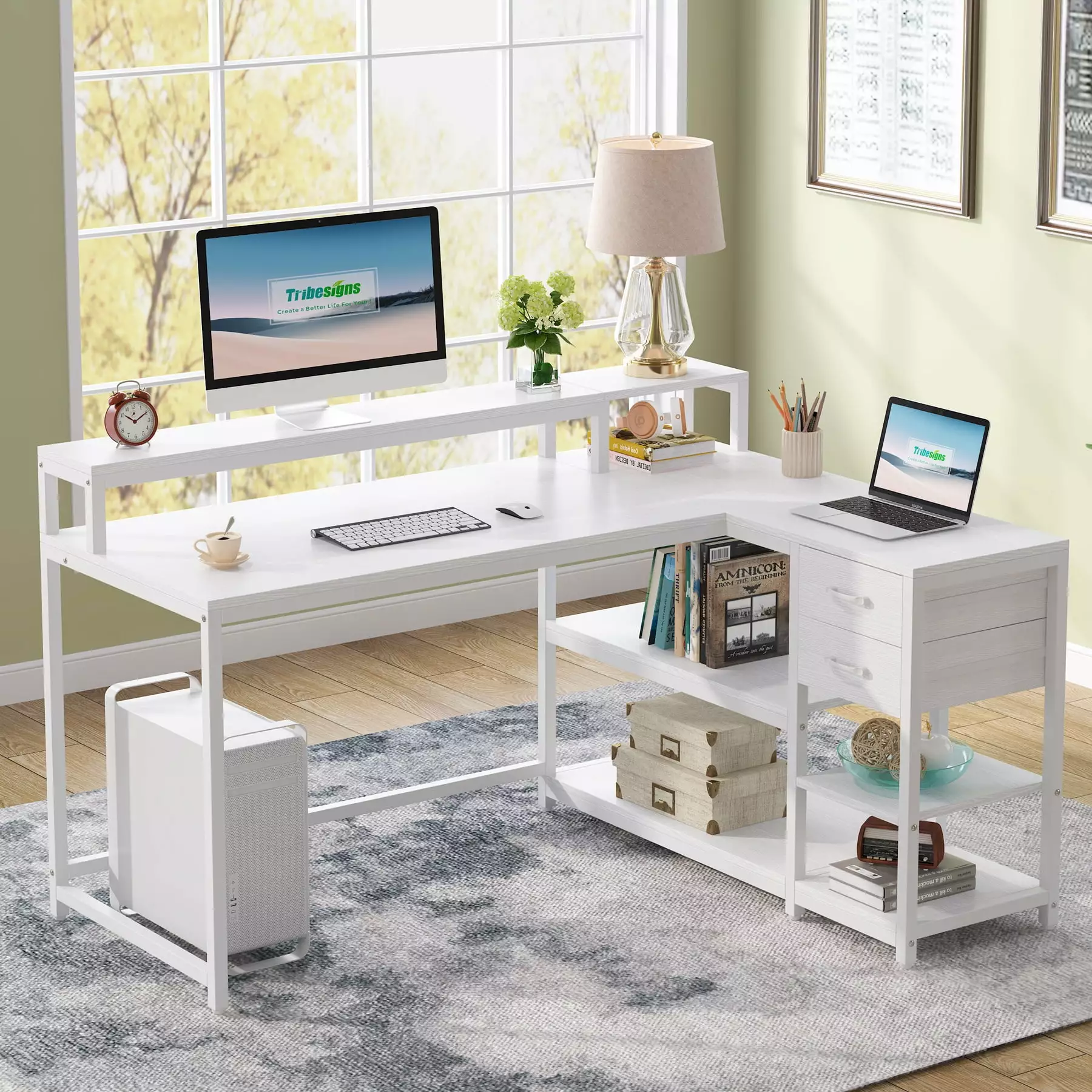 Tribesigns L Shaped Computer Desk Drawer and Storage Shelf