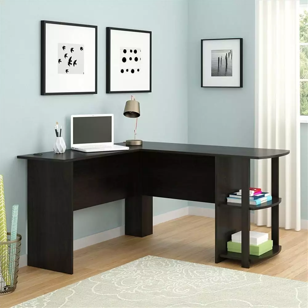 L Shaped Desk Hutch Wood Right Angle Computer Gaming Desk Cable Management Corner Desk Dark Brown Triple Tree