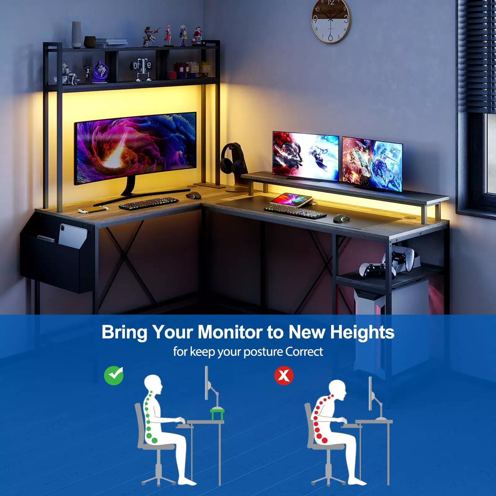 Tropow 67 Reversible L Shaped Gaming Desk LED Lights Power Outlets Storage Shelves