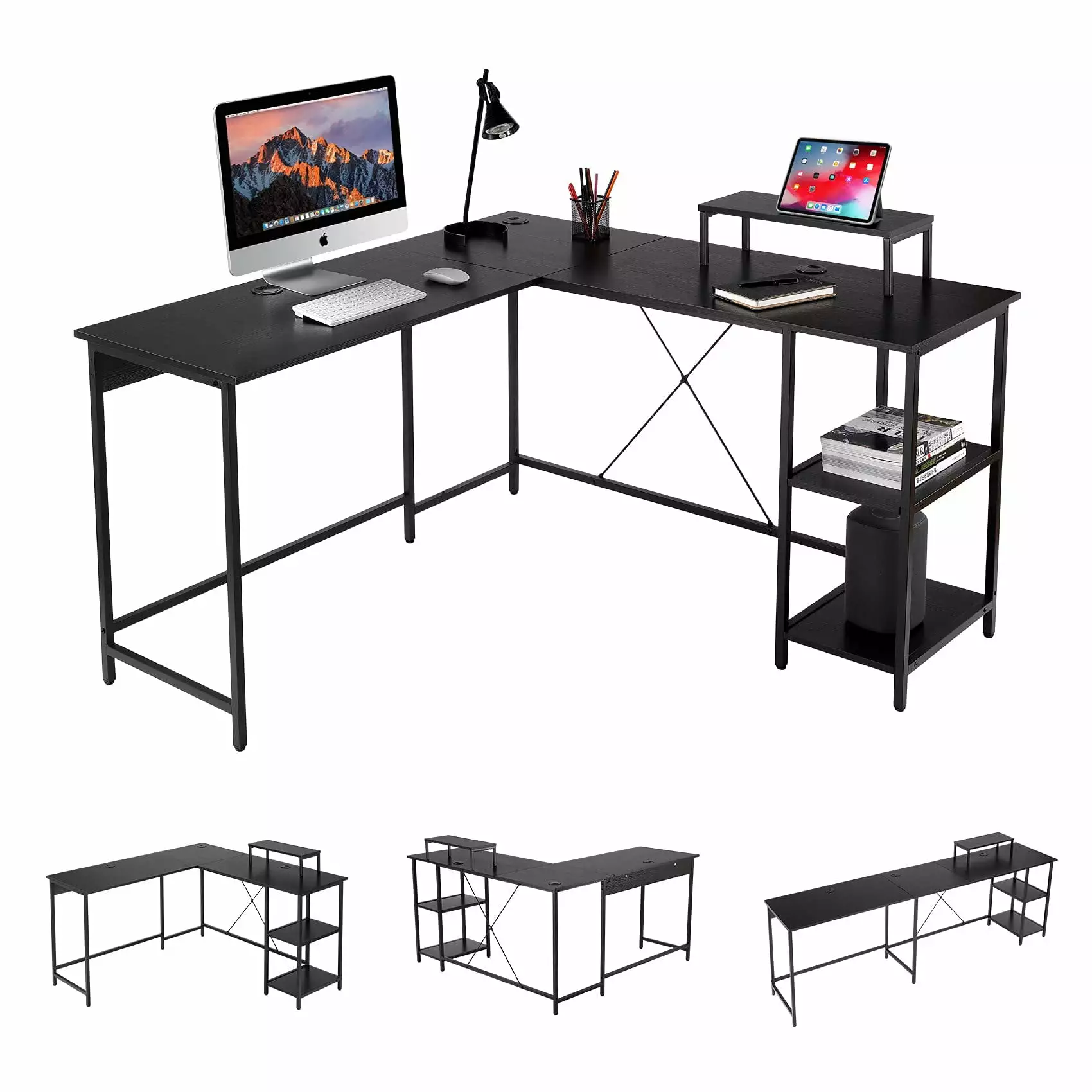UNICOO L Shaped Corner Computer Desk CPU Stand and Storage Shelves Study Writing Desk Black UNICOO?