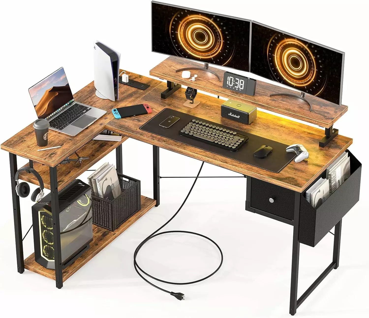 47 inch L Shaped Desk Power Outlets Storage Drawer and Adjustable Stand Upgo