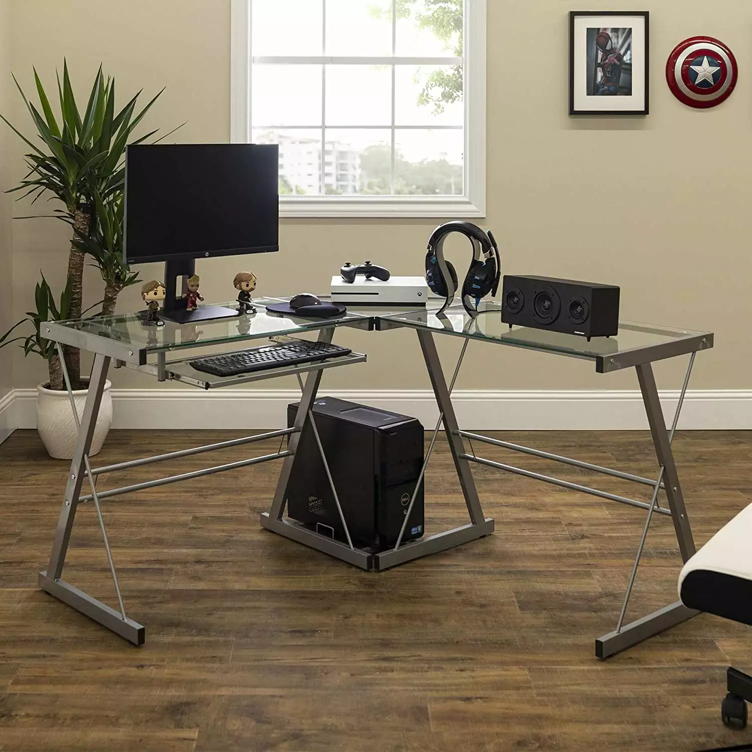 Walker Edison Ellis 51 Inch Modern Glass Top L Shaped Corner Gaming Desk Keyboard Tray - Silver