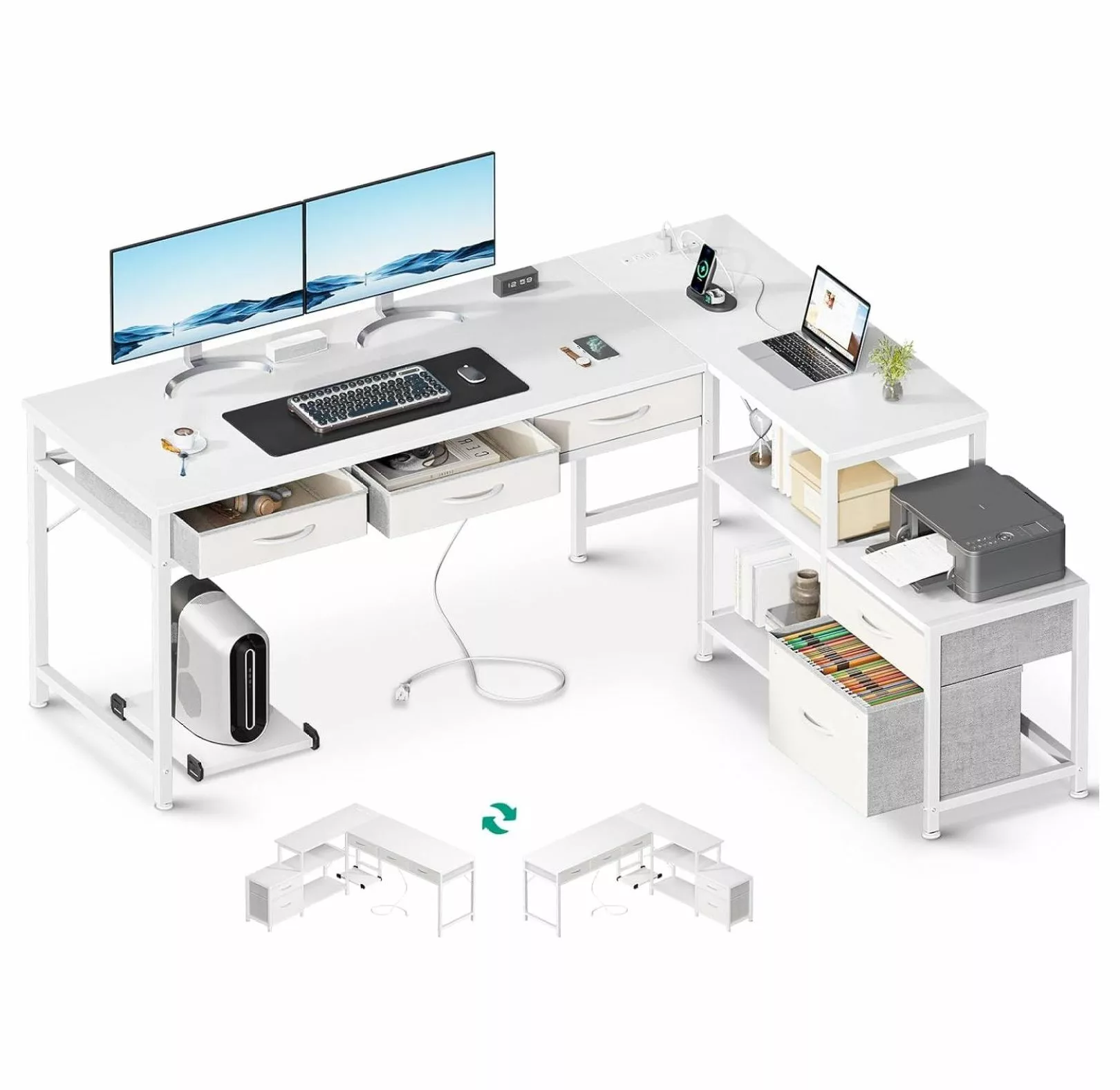 L Shaped Computer Desk White 61 Reversible Home Office Workstation Fabric Drawers File Cabinet Power Outlets WDNMD9418