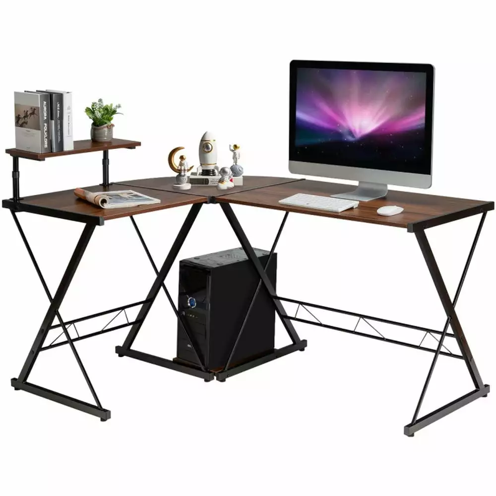 Yardi Yard Reversible L-Shaped Corner Computer Desk Movable Shelf and CPU Stand Walnut