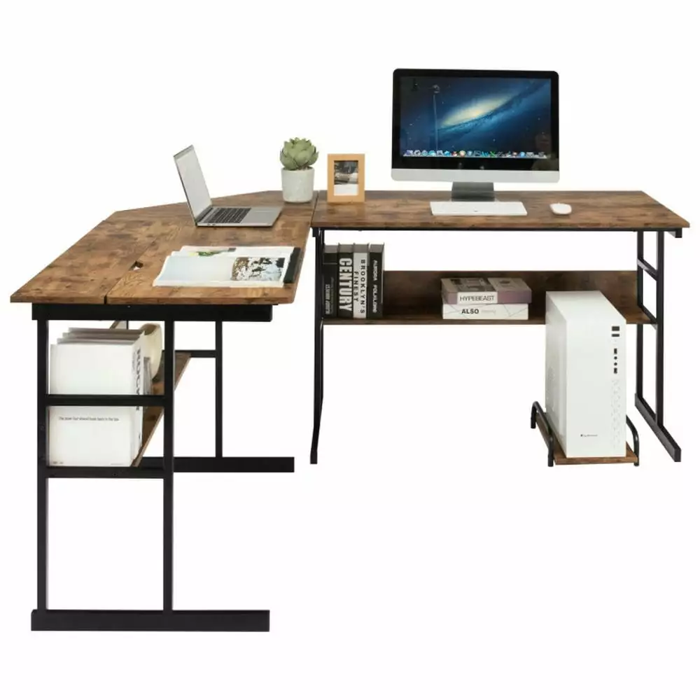 YYAo Sturdy L-Shaped Corner Computer Desk Tiltable Tabletop - Rustic Brown Workstation