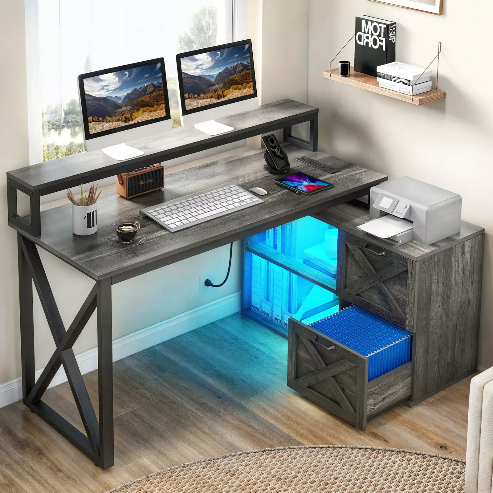 ZGBY LED L Shaped Gaming Desk File Drawer 55 Inch Home Office Desk Power Outlet ZGBY Home Products