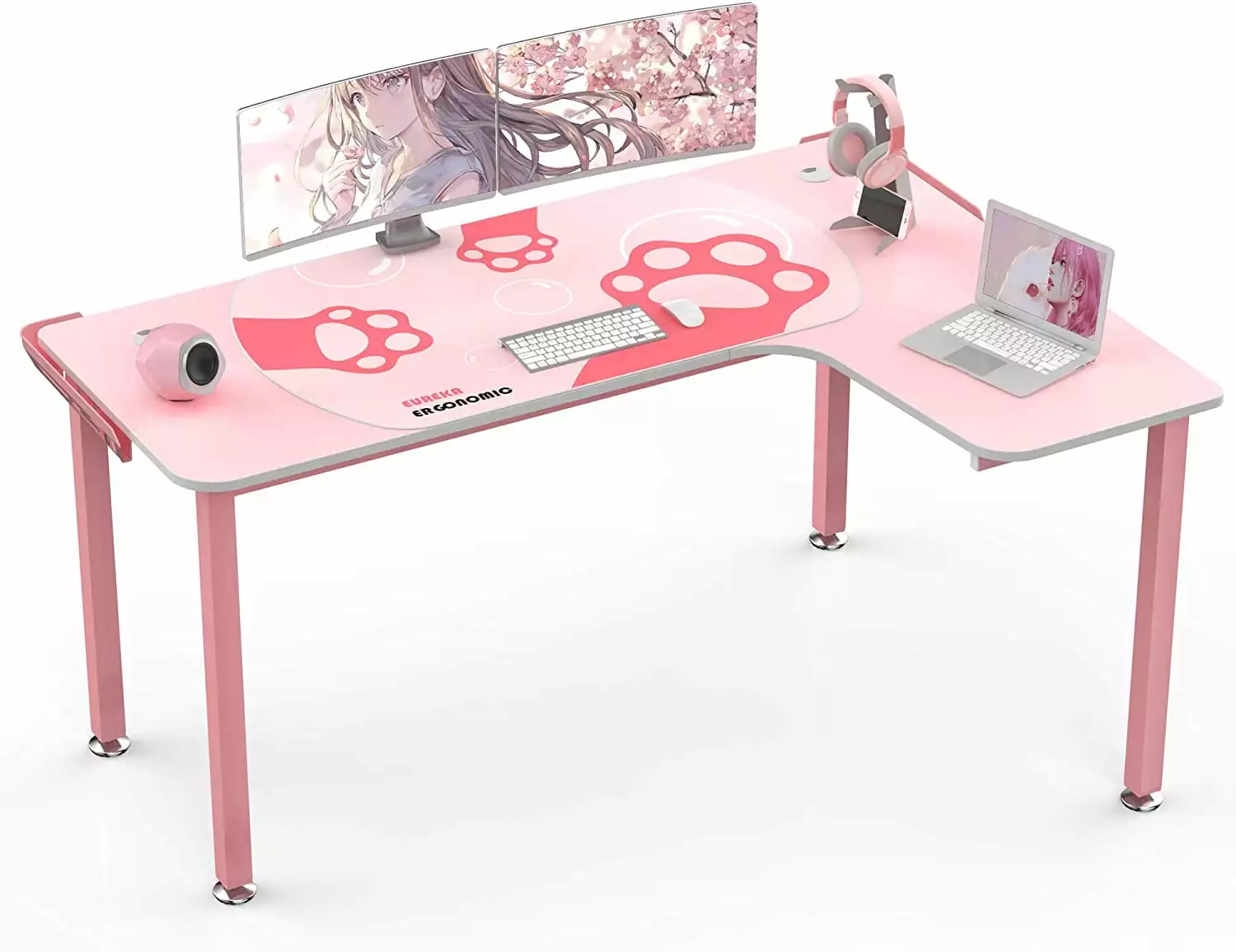 Eureka Ergonomic Gaming Desk. 60 Inch L-Shaped Large Pink Gaming Computer Desk Free Mouse Pad Girls. Study Writing Table H...