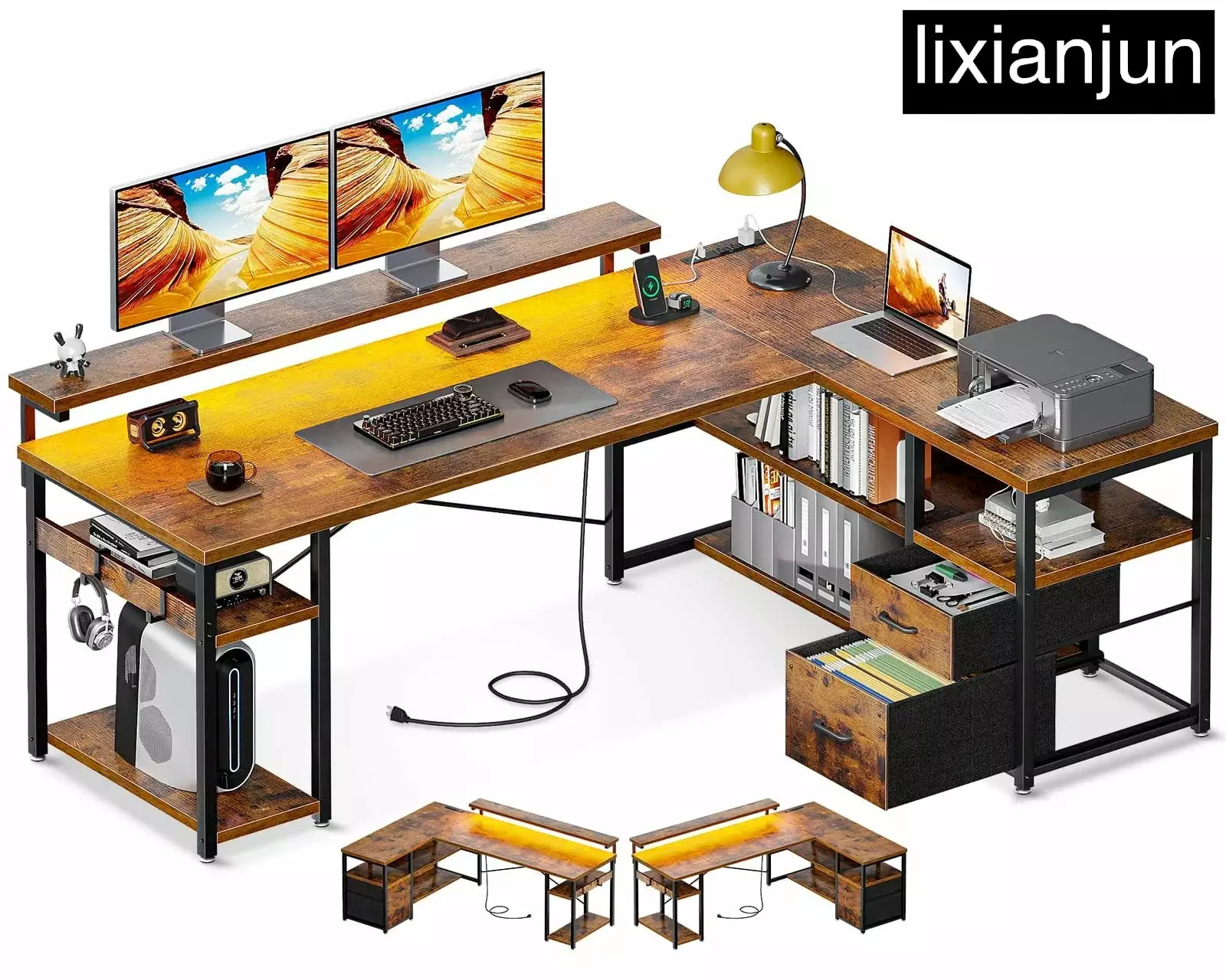 L Shaped Gaming Desk File Drawers Power Outlets LED Lights 53 Inch Corner Desk Vintage FHWMLYT