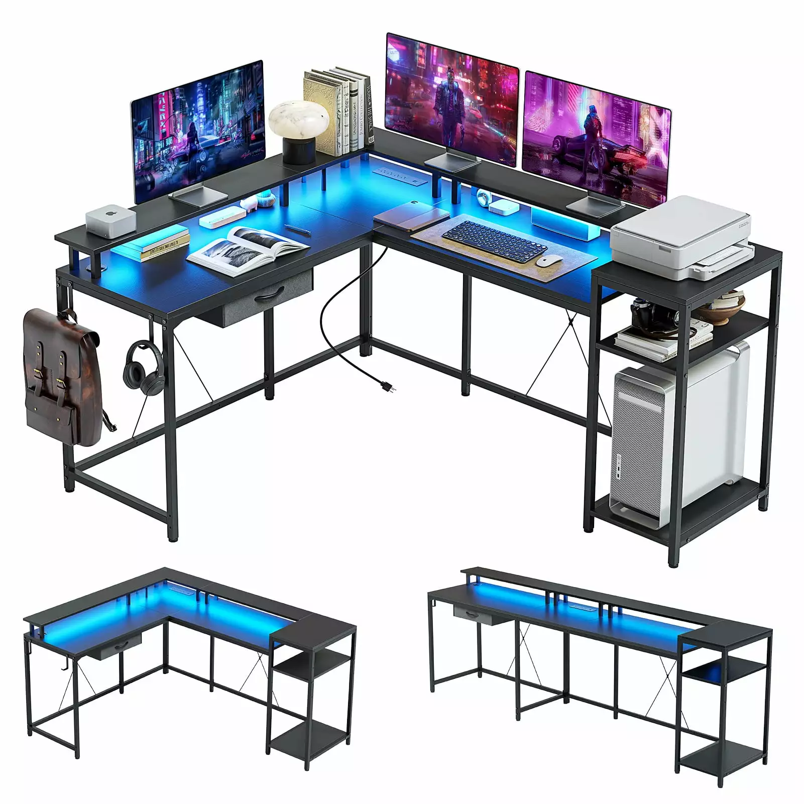 Towallmark Reversible 68 L Shaped Gaming Desk LED Light Strip and Power Outlet