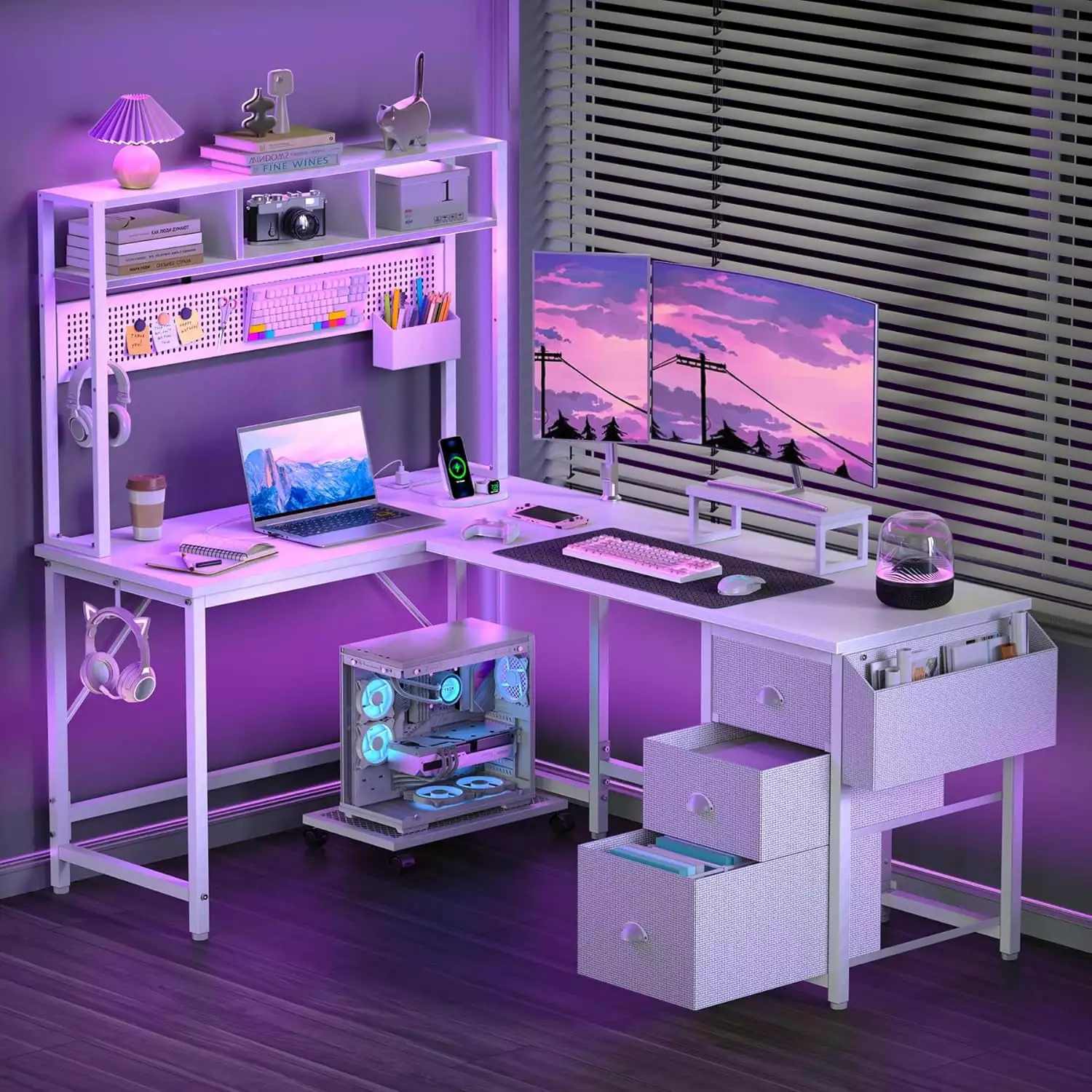 Gaming Desk Computer Desk Pegboard Shelves Large L Shaped Desk Drawers Power Outlet LED Black Upgo