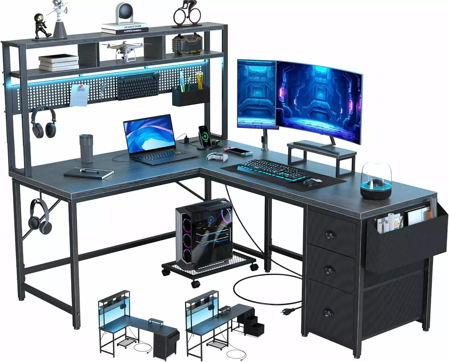 UPGO Gaming Desk Computer Desk Pegboard & Shelves Large L Shaped Desk Drawers. Gaming Desk Power Outlet & LED & Monitor St...