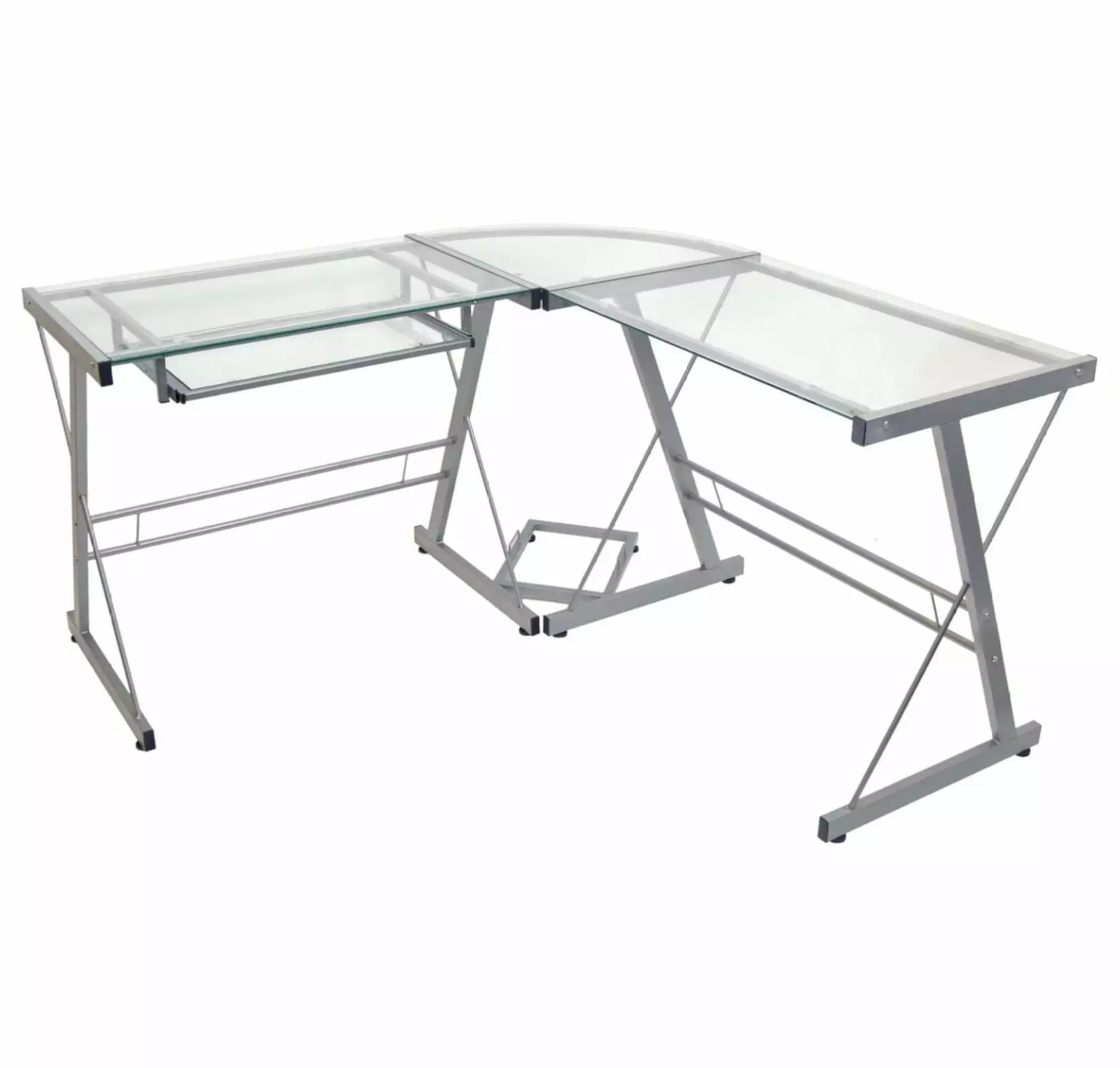 Ellis Modern Glass Top L Shaped Corner Gaming Desk Keyboard Tray 51 Inch Silver WCYQuality