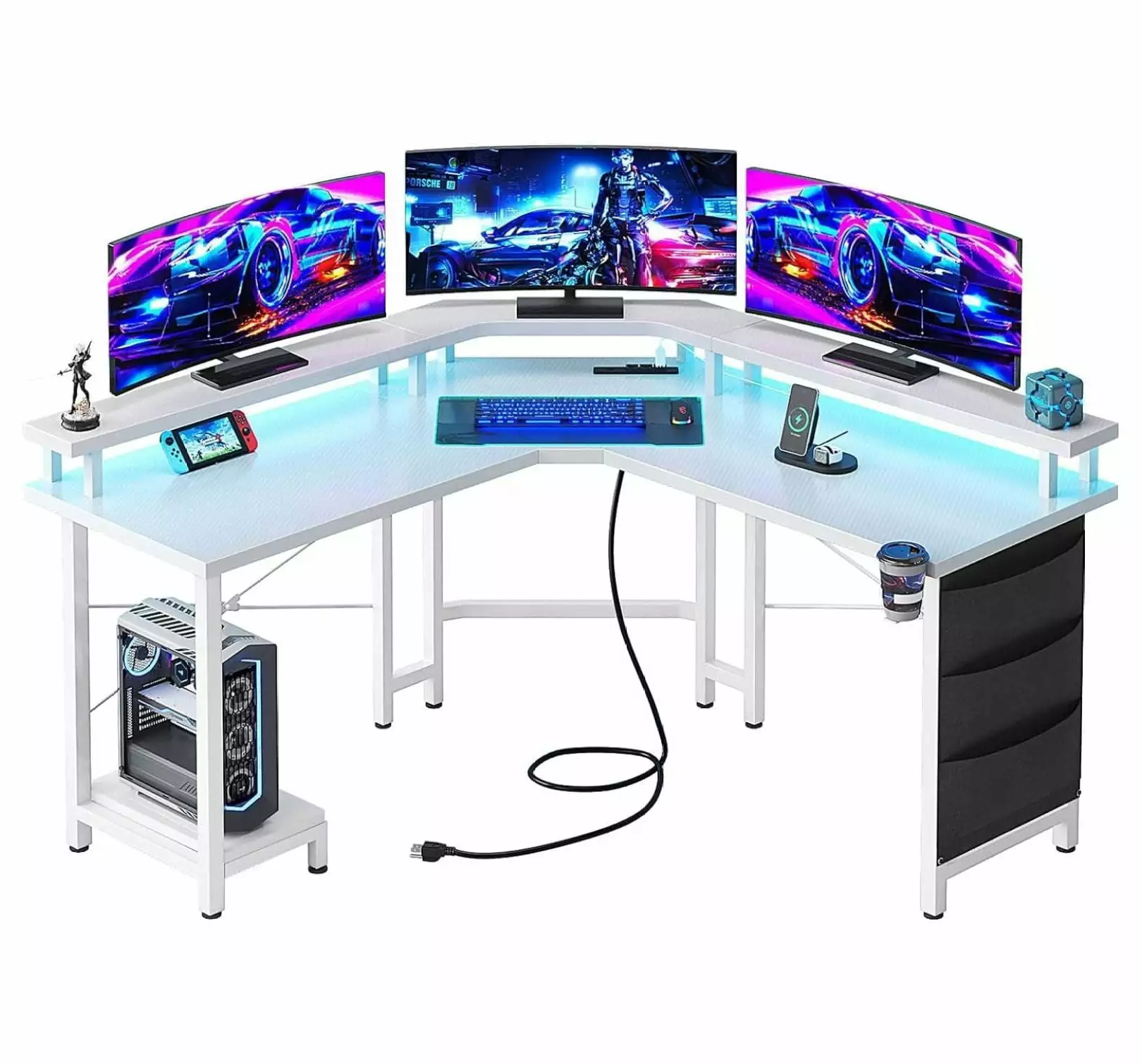 ZeloraGildan L Shaped Gaming Desk LED Lights Power Outlets 51 Corner Desk White Carbon Fiber