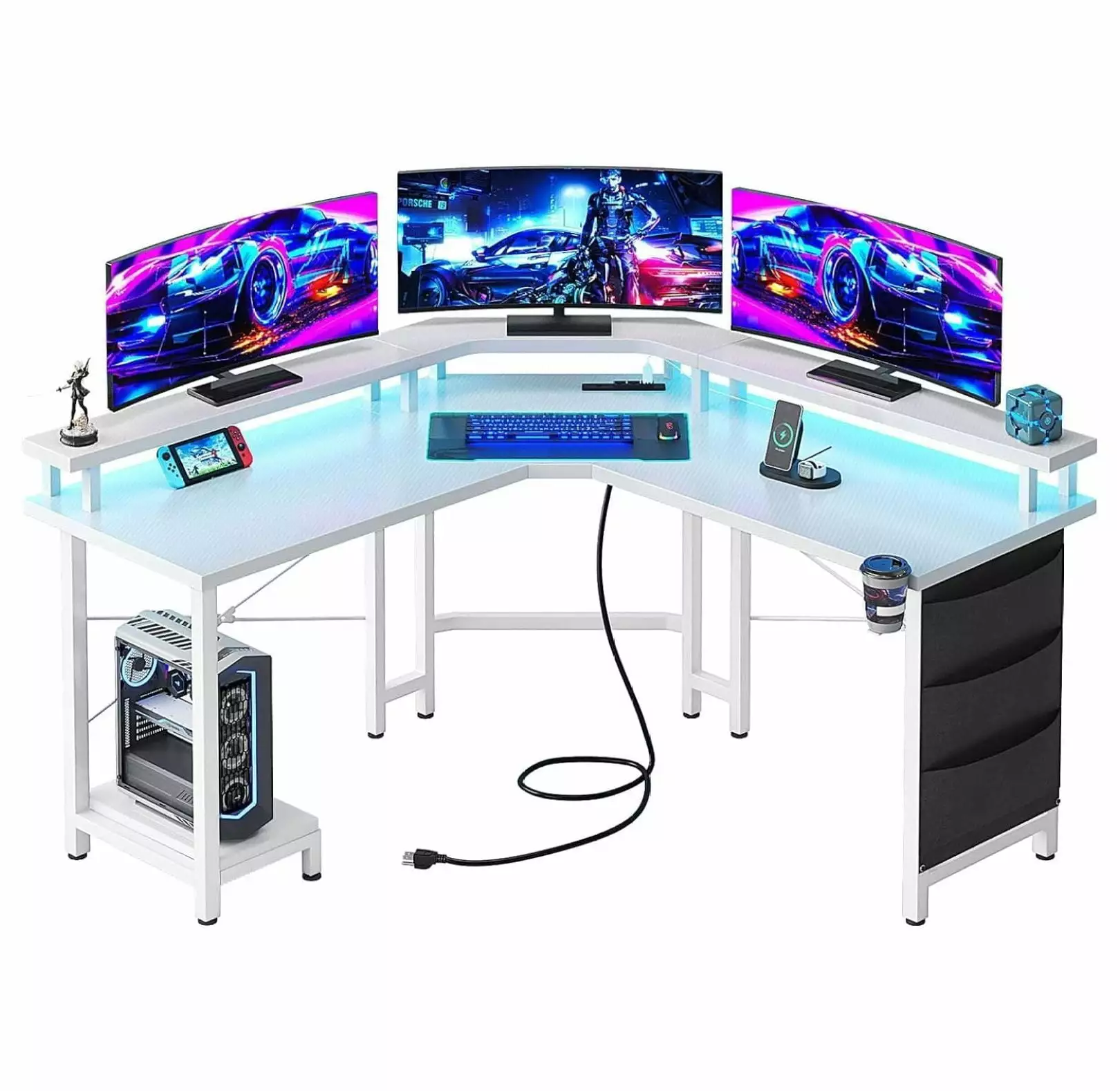 ZeloraGildan L Shaped Gaming Desk LED Lights Power Outlets 51 Corner Desk White Carbon Fiber