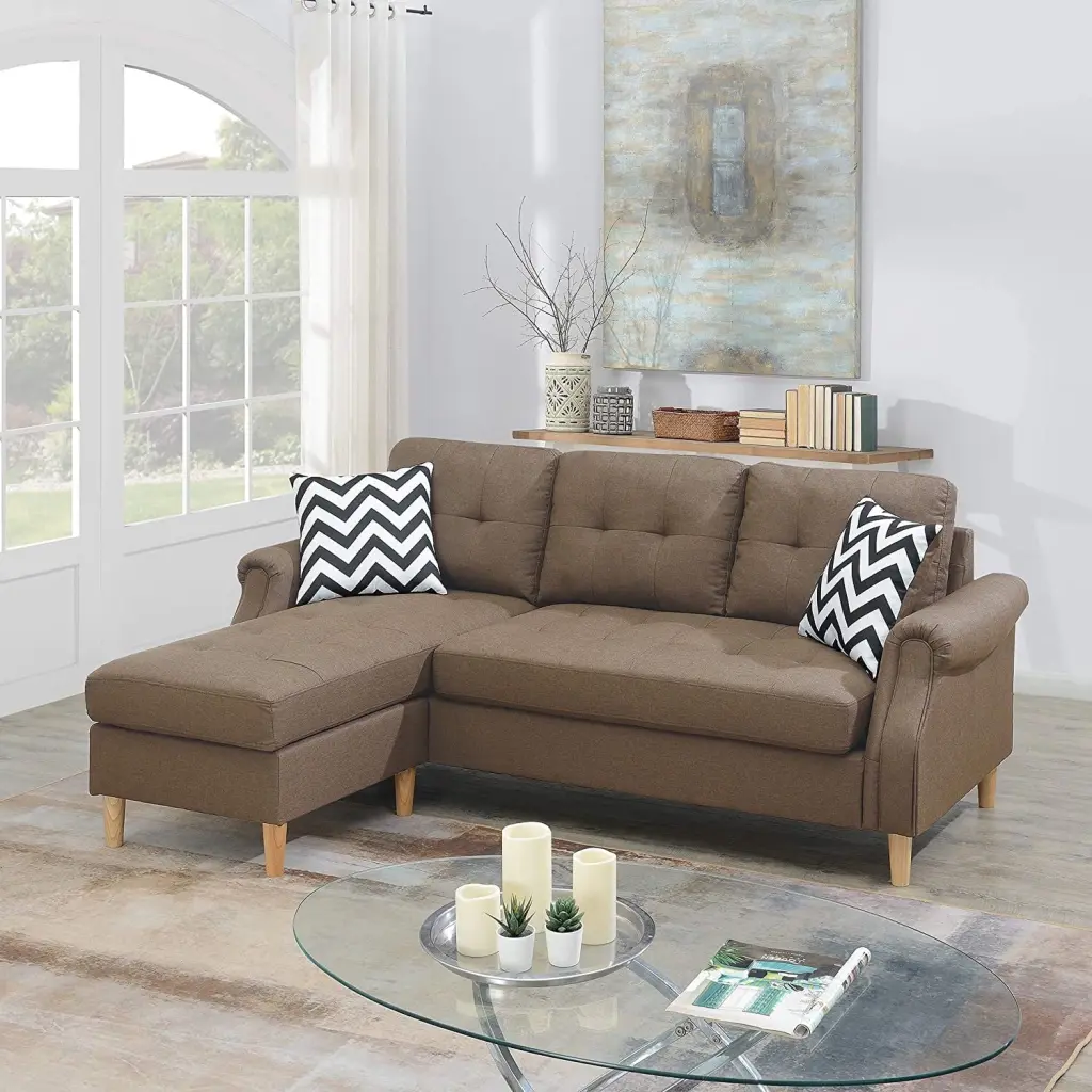 Reversible Sectional Sofa Chaise - L-Shaped Futon Sofa Couch Wood Legs - Light Coffee ARCTICSCORPION