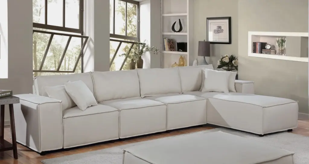 L Shape Sectional Sofa Convertible Modular Couch Reversible Chaise Linen Fabric 4-Seat Pillows Beige ARCTICSCORPION