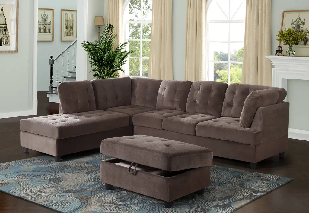 AYCP Furniture Corduroy L Shape Sectional Sofa Storage Ottoman Left Hand Facing Chaise Espresso