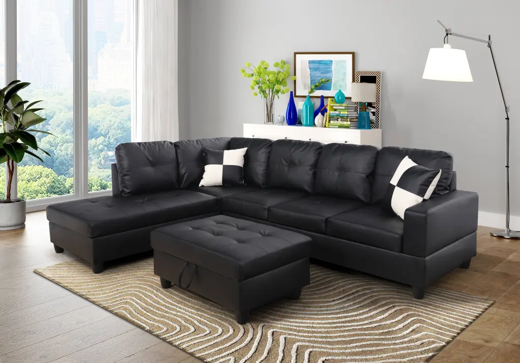 AYCP Furniture L Shape Sectional Sofa Ottoman Left Chaise Black Faux Leather Living Room Couch