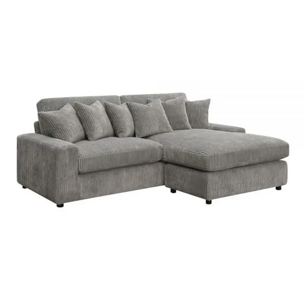 BenJara 84 Inch Sectional Sofa - L Shape Corduroy Upholstery 6 Pillows Gray