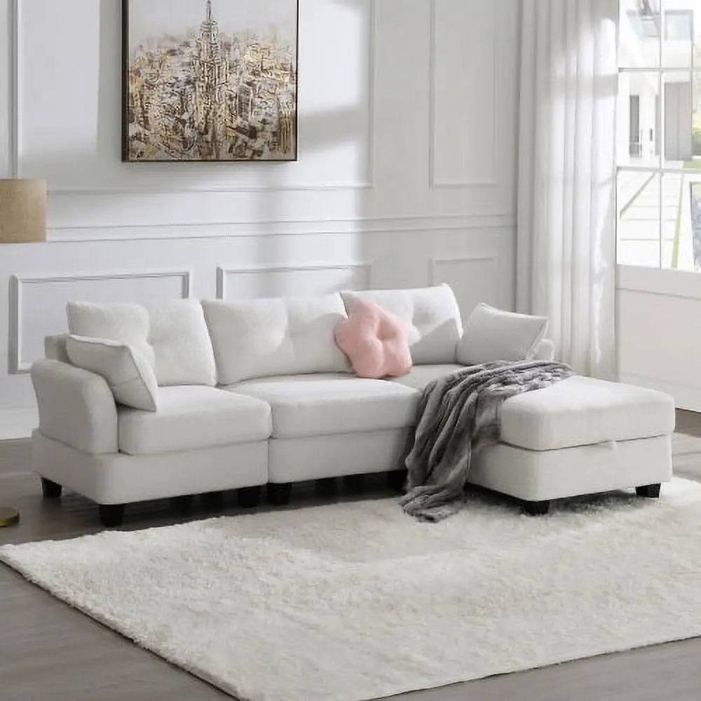 92x63 Modern Teddy Velvet Sectional Sofa Charging Ports and Storage Ottoman COSVII