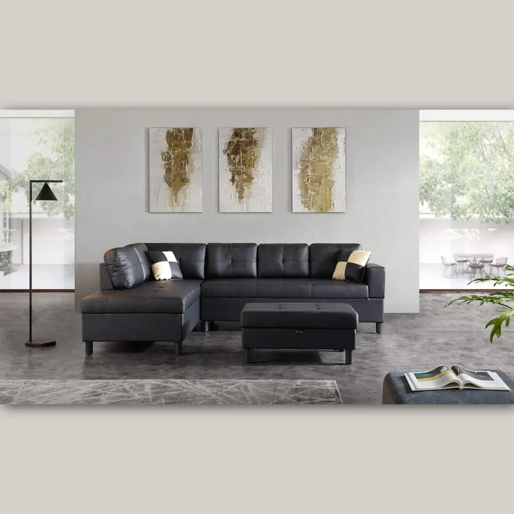 DAE Left Facing Sectional Sofa L-Shape Faux Leather Black