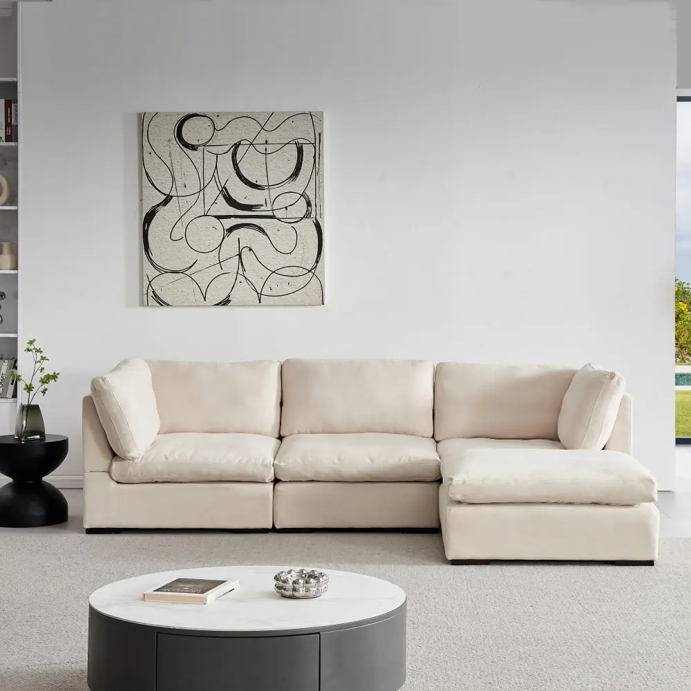 DeeHome L Shape Modular Down-Filled Soft Fabric Sofa Beige