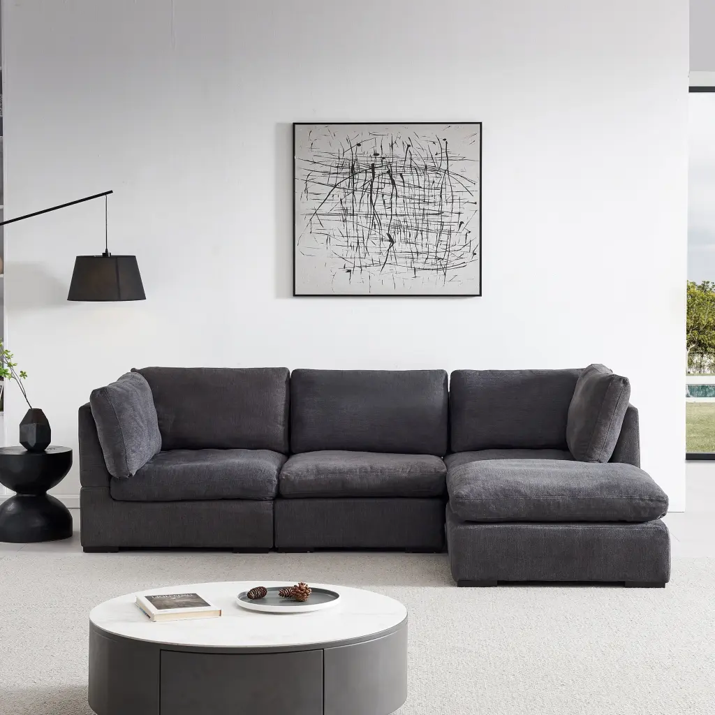 DeeHome L Shape Modular Down-Filled Soft Fabric Sofa Dark Grey