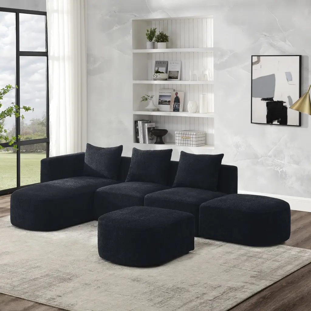 DeeHome L Shape Sectional Sofa Left Side Chaise and Two Ottomans Black Loop Yarn Fabric