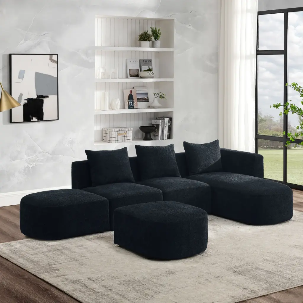 DeeHome L Shape Sectional Sofa Right Side Chaise and Ottoman Black Loop Yarn Fabric